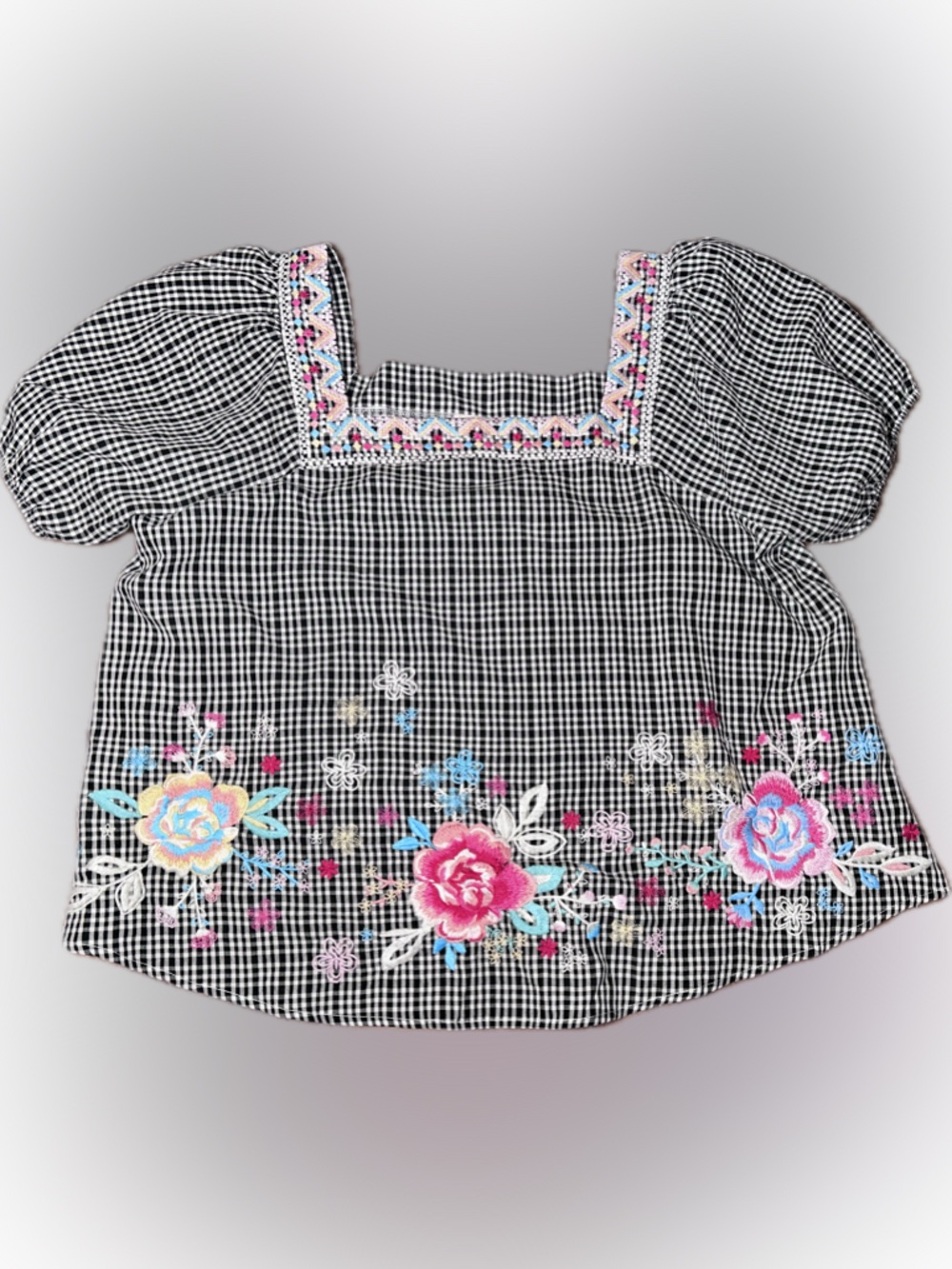 Savannah Jane Embroidered Floral Gingham Puff Sleeve Square Neck Blouse Plus 1X